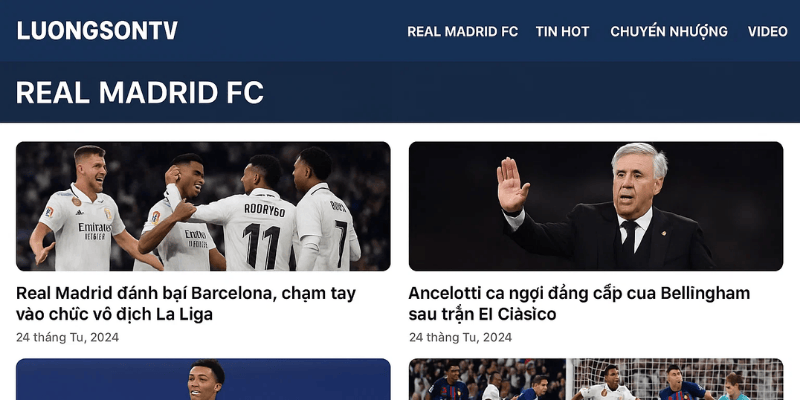 Giao diện chuyên mục Real Madrid FC tại luongsontv