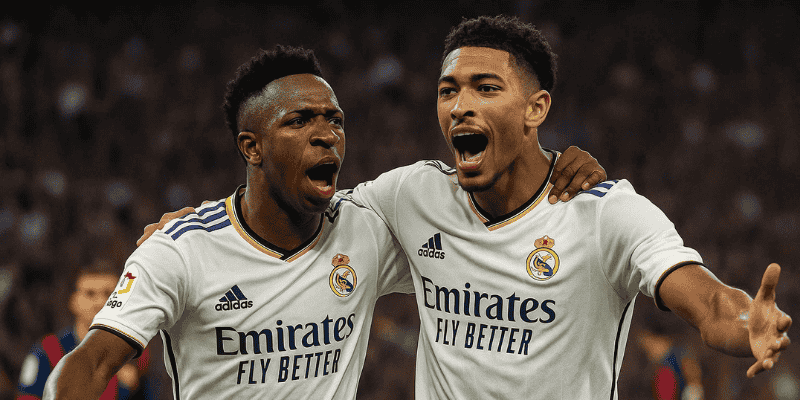 Vinicius Jr. và Jude Bellingham ăn mừng bàn thắng trong trận El Clasico